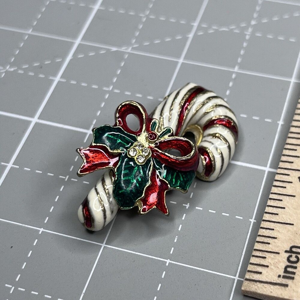Candy Cane Christmas Brooch Enamel Rhinestone Holiday Gold Tone Pin Vintage